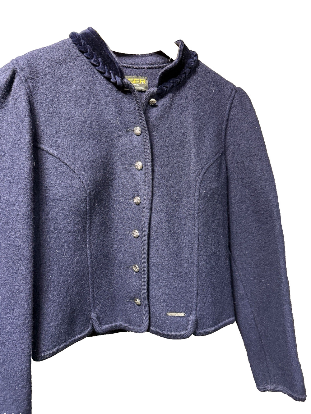 Geiger Tyrol Boiled Wool Jacket Cardigan Navy Blue Velvet Trim Womens 42 Austria